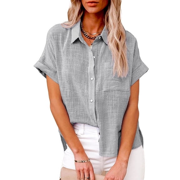 Zpanxa Women's Button Up Shirts Cotton Short Sleeve Blouses V Neck Casual Tunics Shirt Solid Color Tops with Pockets Gray