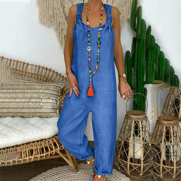 Mono de pantalones casuales con tirantes literarios de talla grande de color sólido a la moda para mujer Pompotops qyievc1116