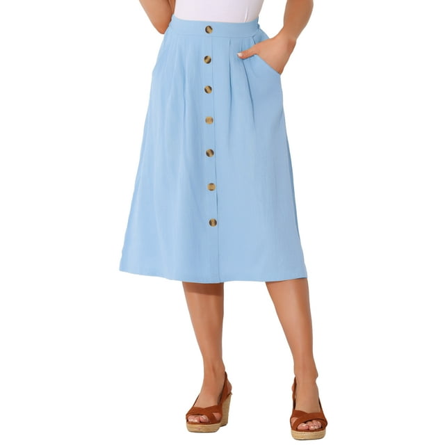 Faldas Midi INSPIRE CHIC para Mujeres, Casual, Cintura Alta Elástica, con Botones, Plisadas, Estilo A con Bolsillos, L Azul Claro