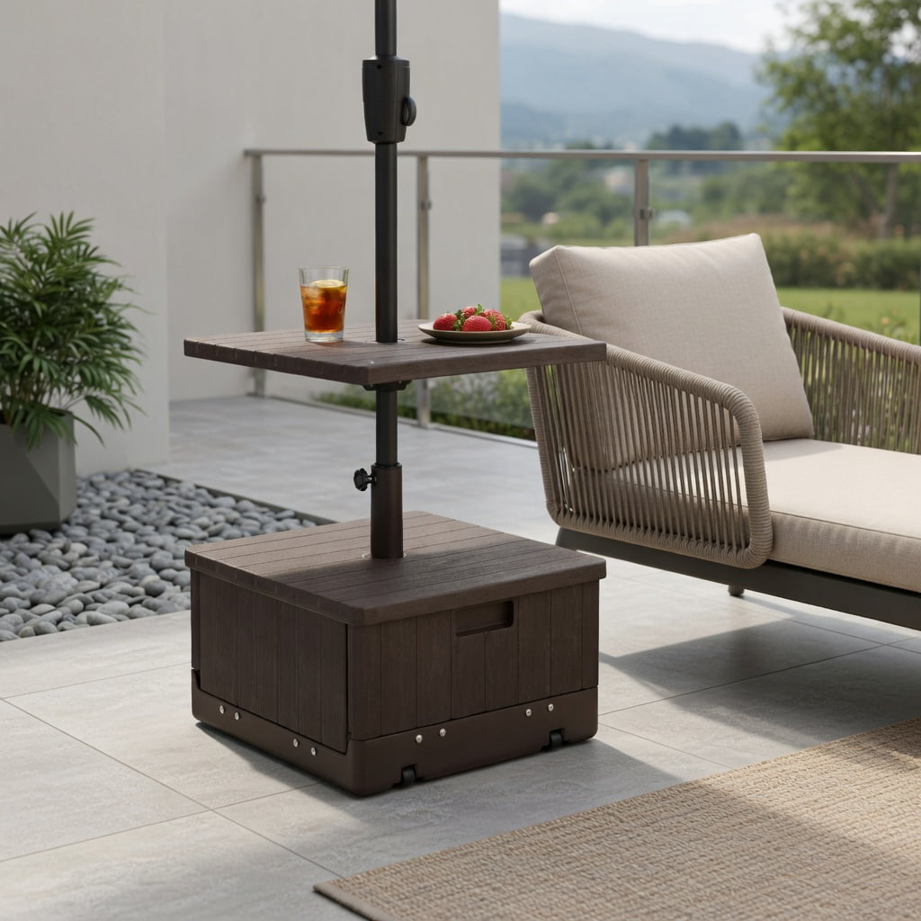 Resenkos Umbrella Base for Patio, Umbrella Stand Outdoor Base,175 LBS Outdoor Fillable Umbrella Base with Table Tray-Brown