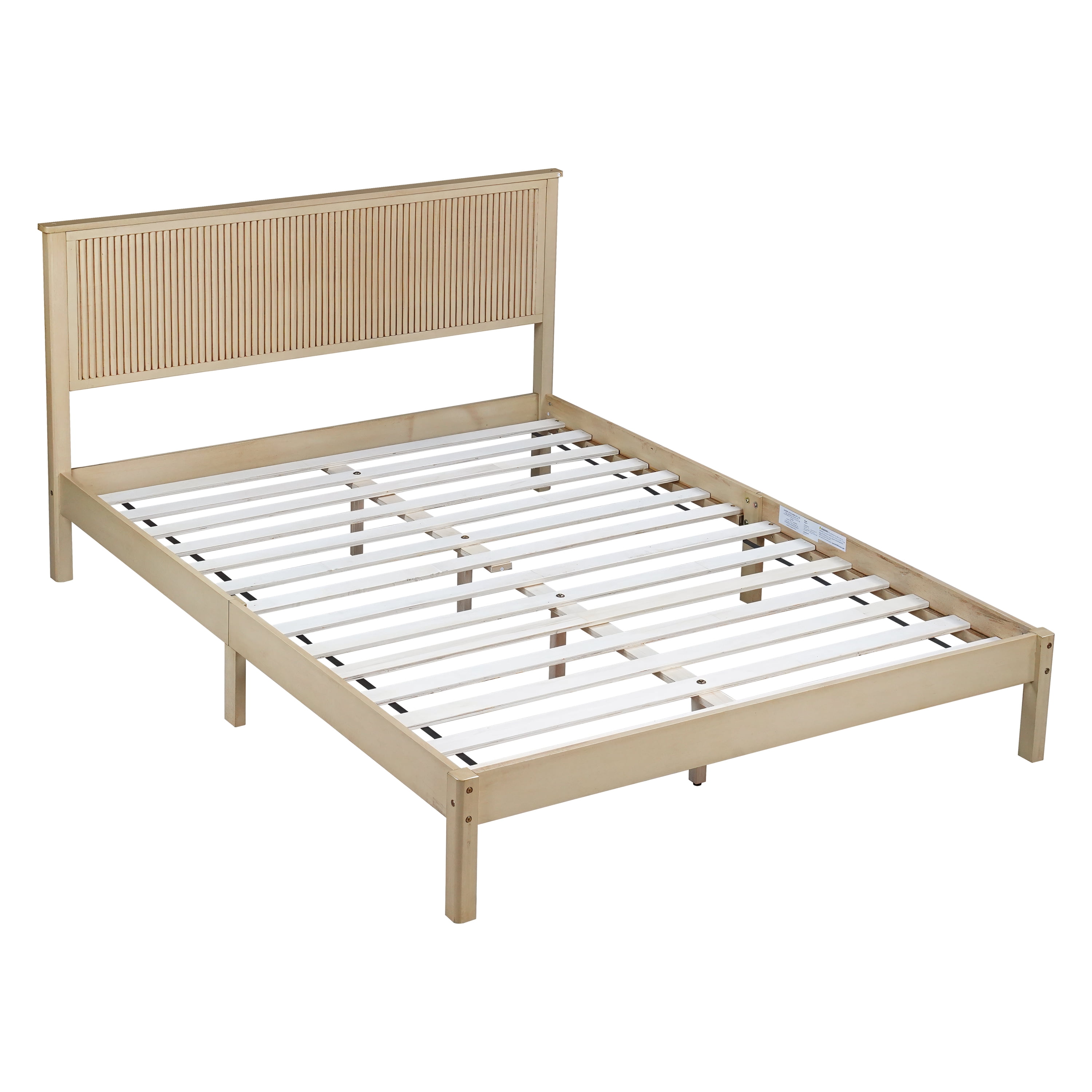 Miniyam Queen Size Wooden Platform Bed Frame with Headboard, Fluted Wave Design, Natural