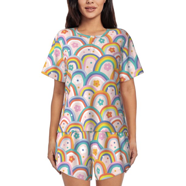 Fotbe Rainbow Flowers Conjunto de Pijama Estampado para Mujer, 2 Piezas, Ropa de Dormir con Camiseta de Manga Corta y Shorts Suaves-Large