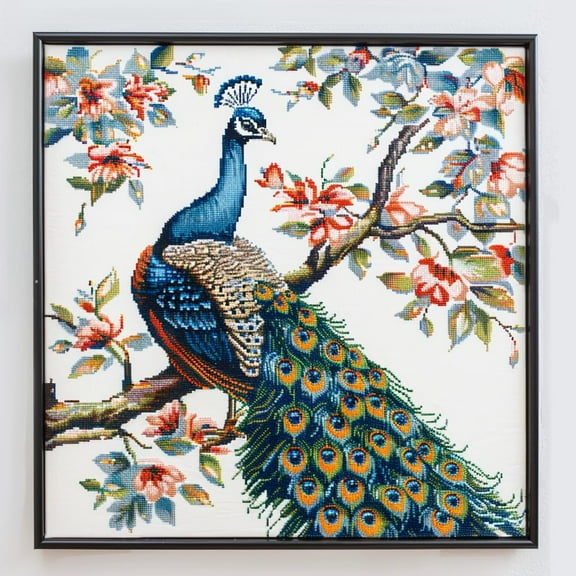 Beautiful Peacock in Park DIY 11CT Stamped Cross Stitch Kits for Beginners Easy Needlepoint Embroidery Counted Cross Stitch Art Craft for Wall Decoration 14x14inch(1)