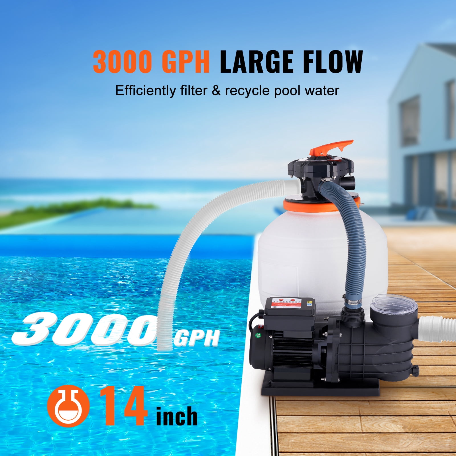 KFFKFF 14" Sand Filter Pump, 3000 GPH with 3/4 HP Pool Pump for Above Ground Pools, 6-Way Multi-Port Valve & Strainer Basket, 110V Swimming Pool Pump with Timing function