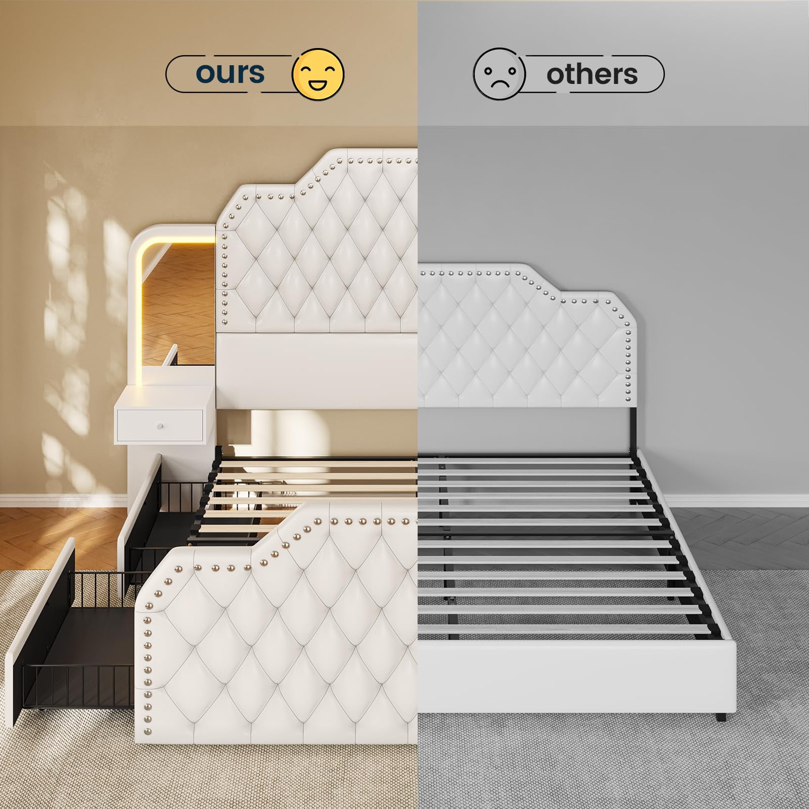 Queen Bed Frame with 2 Nighstands, Power Outlets and 4 Drawers, Upholstered Bed with Vanity Tables and Mirrors, Modern Velvet Tufted Platform Bed with Headboard & Footboard, White