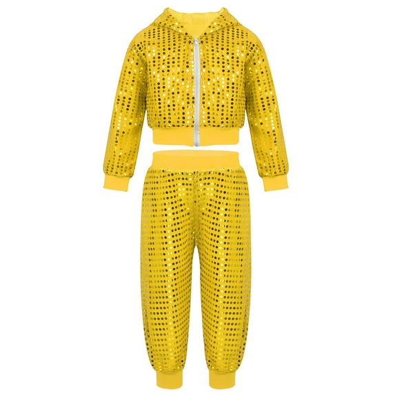 iEFiEL Unisex Kids Boys Girls Hip-hop Jazz Dance Costume Sequins Hooded Tops with Pant Yellow 3-4