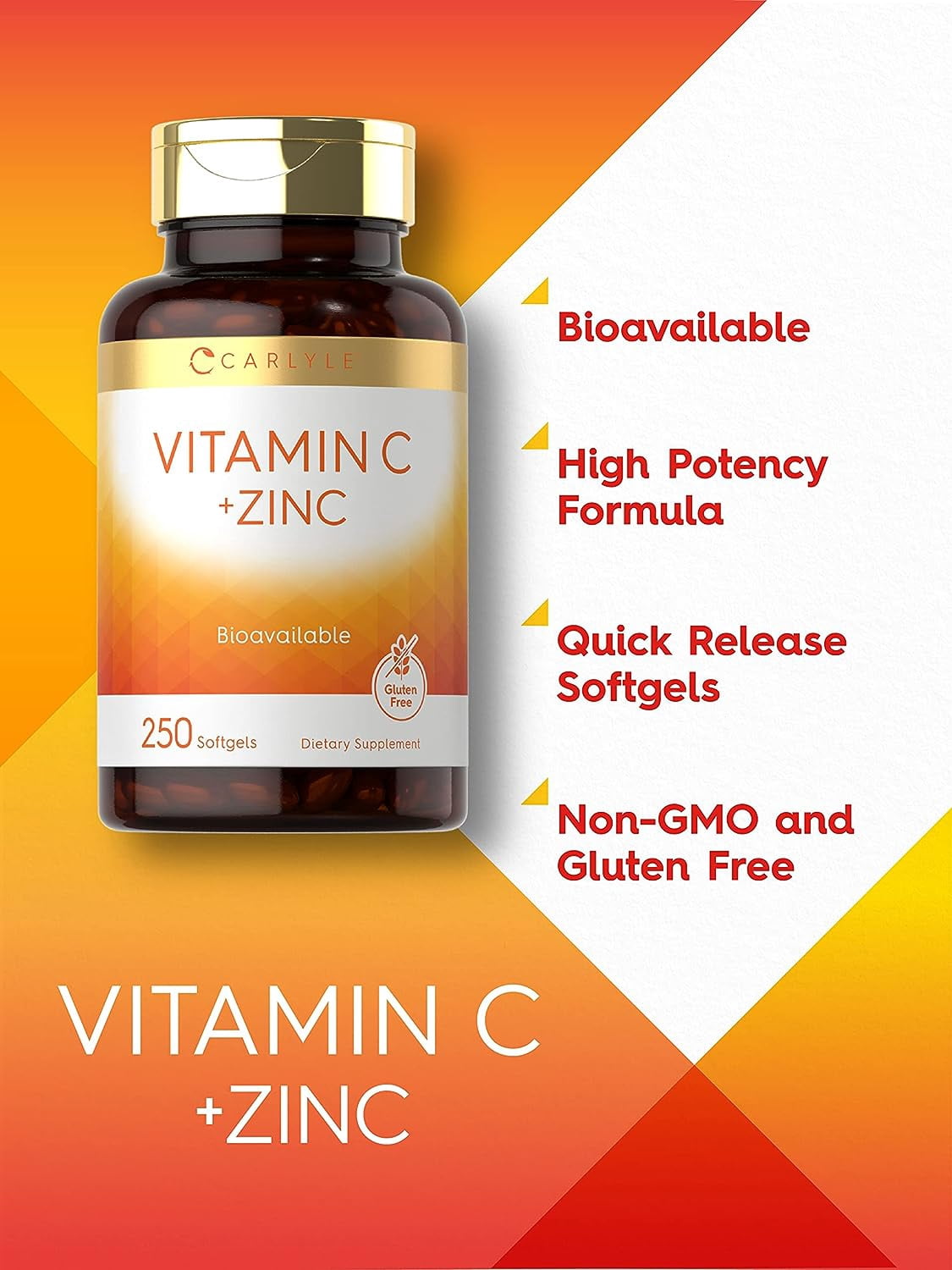 Vitamin C with Zinc | 280mg | 250 Softgels | Value Size | by Carlyle