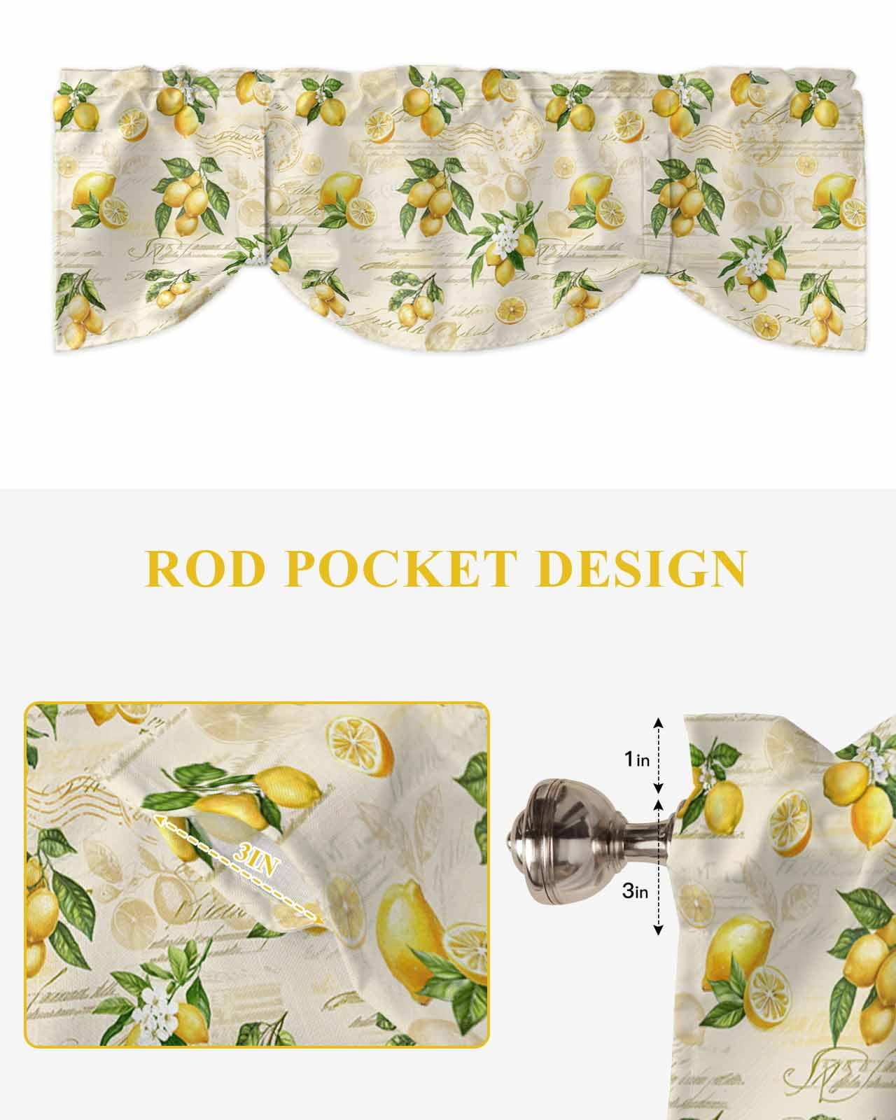 Vintage Lemon Tie Up Valances Curtain, Adjustable Kitchen Leaf Yellow Fruit Letter Background Farmhouse Valances for Windows Decor, Rod Pocket Short Curtains Set for Bedroom/Bathroom, 54"x18"