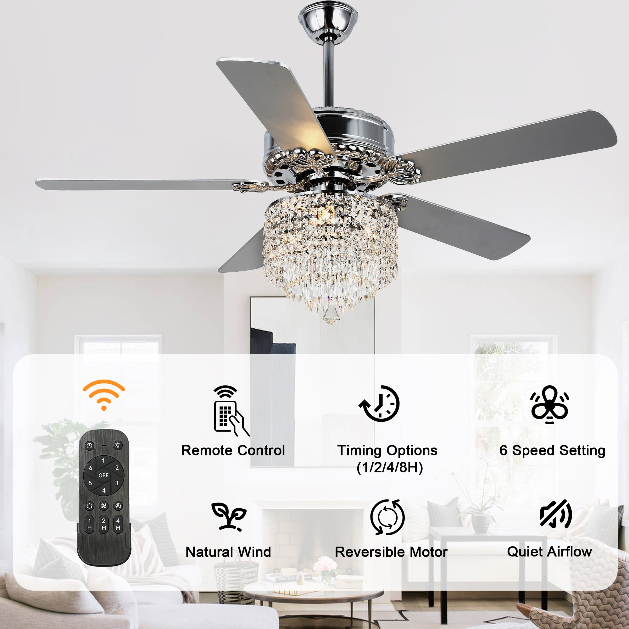 52" Modern Silver Crystal Ceiling Fan with Light and Remote Control, 6-Speed Reversible DC Motor