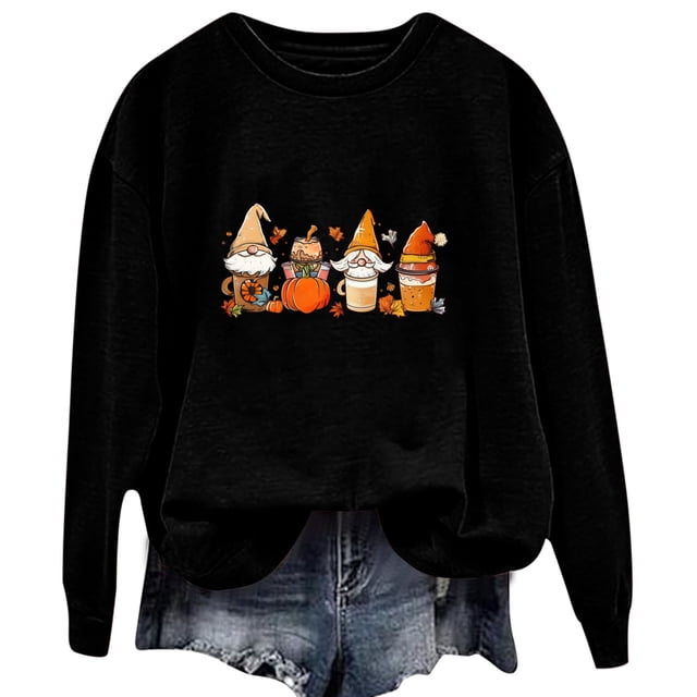 Rbaofujie Chandails d'Automne pour Femmes Chandails à Col Rond Imprimés à Manches Longues Sans Capuche Haut Noir Chandails à Capuche pour Femmes
