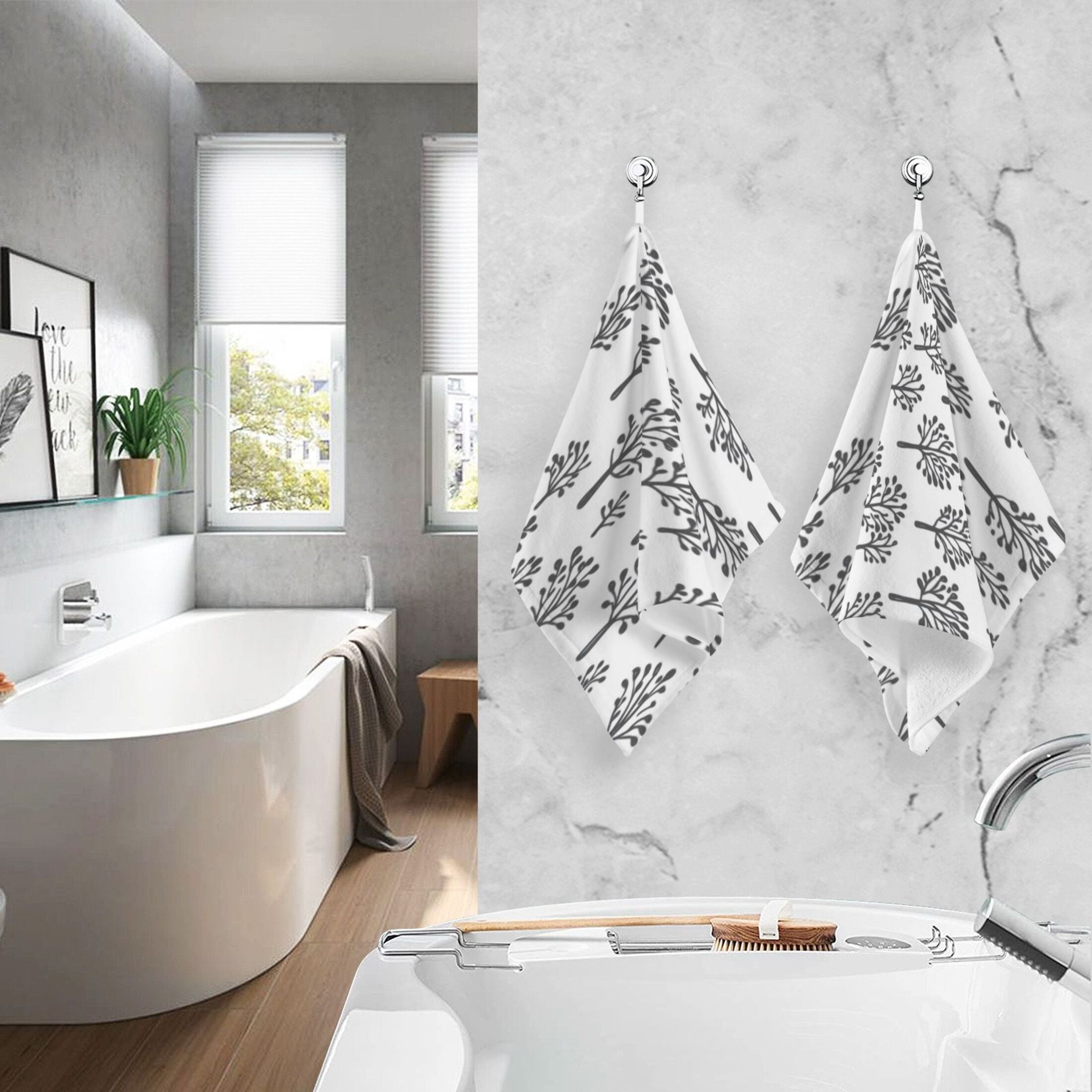 Cotton Towel Two-Piece 16x28 Inch One Sizex2 Face Towel Set Towel Set Cotton Hand Bath Towel Bathroom Beach Black Cartoon Tree