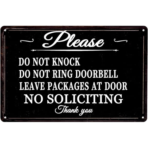 No Soliciting Metal Sign-Do Not Knock Do Not Ring Doorbell Vintage Wall Art Metal Tin Signs for Home Bathroom Garden Bars Cafes Office Man Cave 12 X 8 Inch