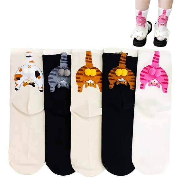 Tumao 5 Pairs Cute Cat Socks with Balls Women Crazy Novelty Animal Socks Silly 3D Sock for Women Cats Lovers Gift
