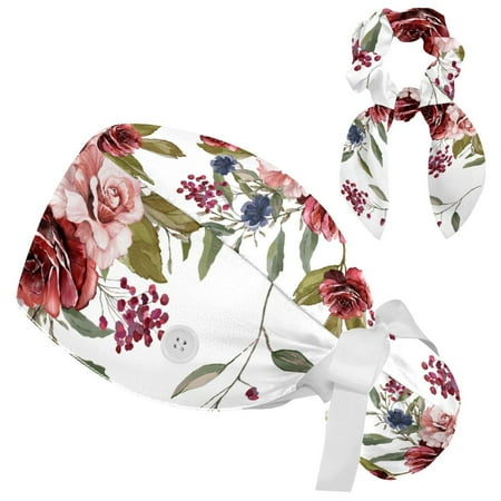 

Working Cap with Buttons and Sweatband Scrub Hat Bouffant Caps with Scrunchie Flower Tie Back Hats