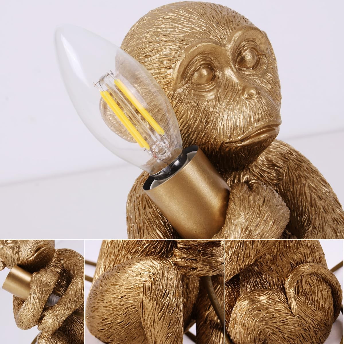 Hand-Carved Resin Monkey Table Lamp, -Whimsical Animal Desk Light for Bedroom, Living Room, Office & Cafe Decor, E12 Socket (Bulb Not Included), 7.9 inch