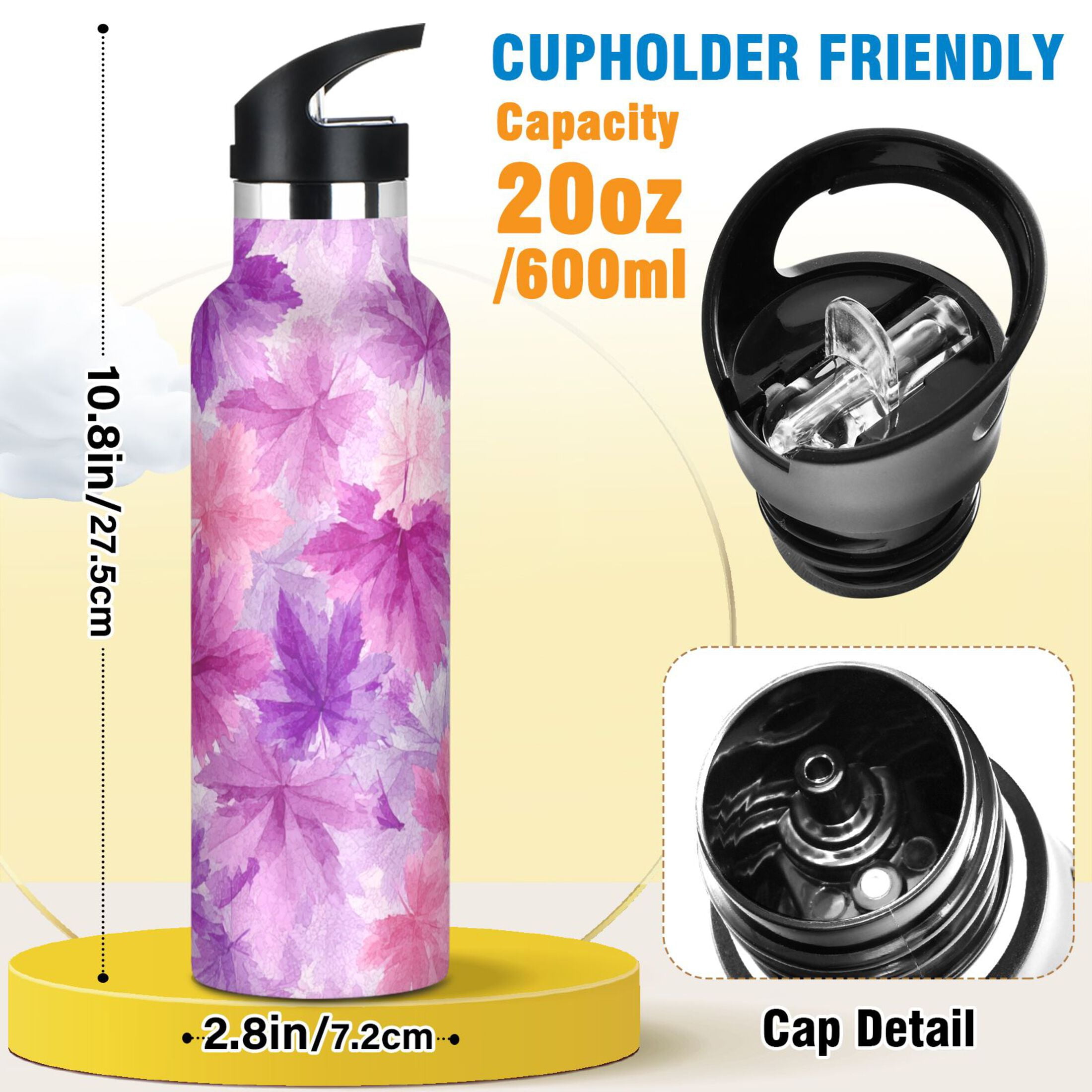 600ML Stainless Steel Insulated Cup Sports Water Bottle Portable Thermos Cup Water Glasses Insulated Tumblers Convenient and Durable Pink Maple Leaves