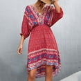 thumbnail image 4 of USSUMA Dresses For Women Party Casual,Women Bohemian Summer Dresses V Neck 3/4 Long Sleeve Ruffle Floral Flowy Boho Babydoll Mini Short Beach Dress, 4 of 7