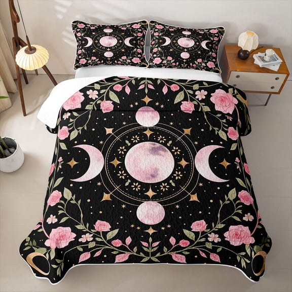Homewish Bohemian Moon Phase Twin Quilt Set, Pink Flower Blossom Twin Coverlet Set, 2pcs 1 Bedspread and 1 Pillowcase