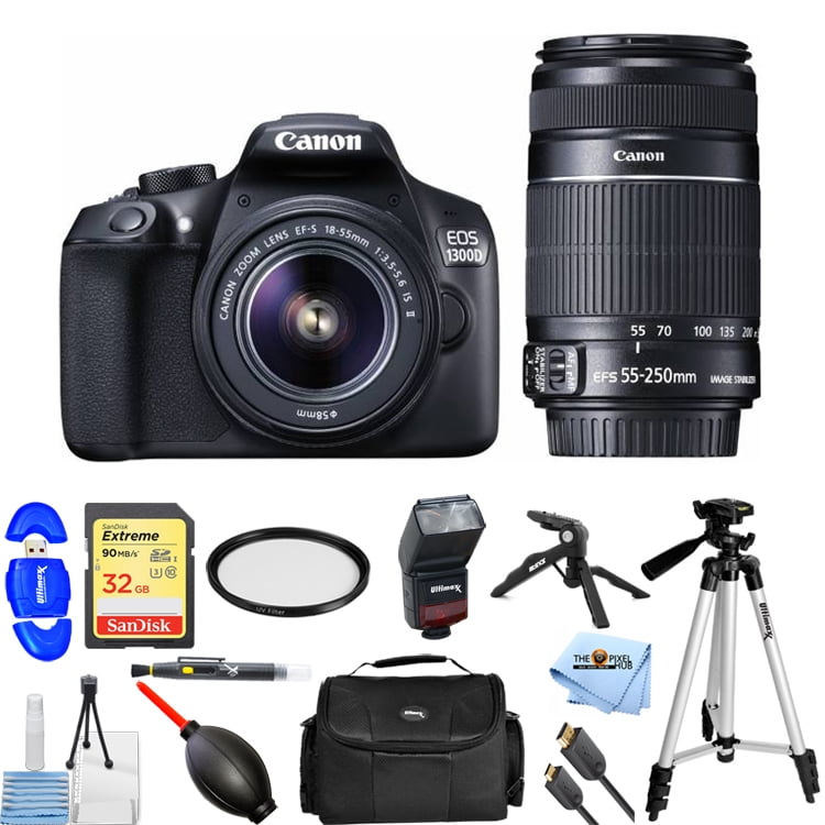 Seizoen room Lichaam Canon EOS 1300D DSLR Camera with 18-55mm and 55-250mm Lenses Kit with 32GB  SD, Flash, Tripods, Gadget Bag, HDMI Cable & More! - Walmart.com