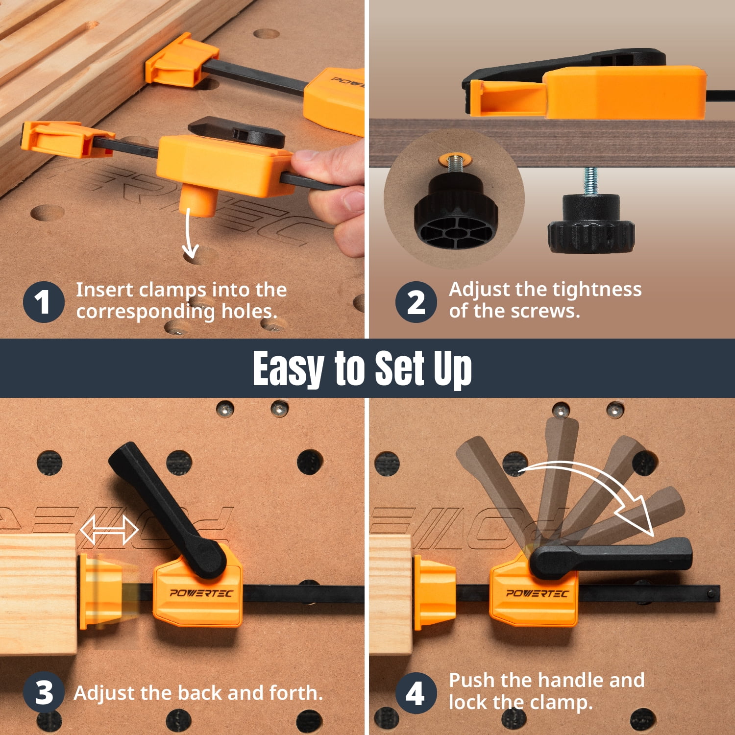 POWERTEC Bench Dog Clamp w/Tracksaw Track Guide Rail Clamp Set |  Quick Clamp and Release Wood Clamps for 3/4" Dog Holes & 2pc 8-3/4 inch Quick Release Clamps for Circular Saw Guide Rail (72239N)