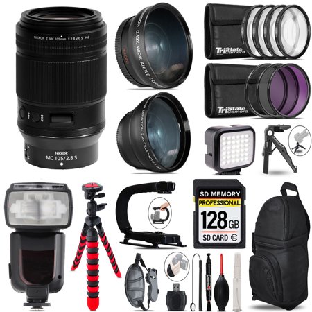 Nikon NIKKOR Z MC 105mm f/2.8 VR S Macro Lens + Pro Flash + LED Light + Tripod - 128GB Accessory Bundle