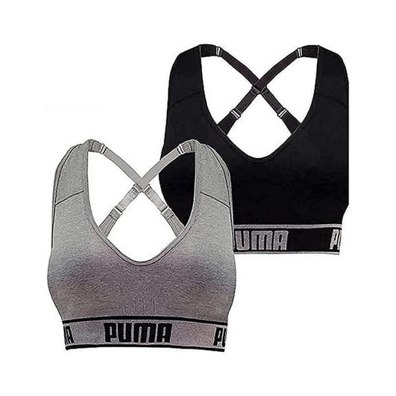 PUMA Women's Seamless Sports Bra Removable Cups - Adjustable Straps Moisture Wicking (2 Pack) M