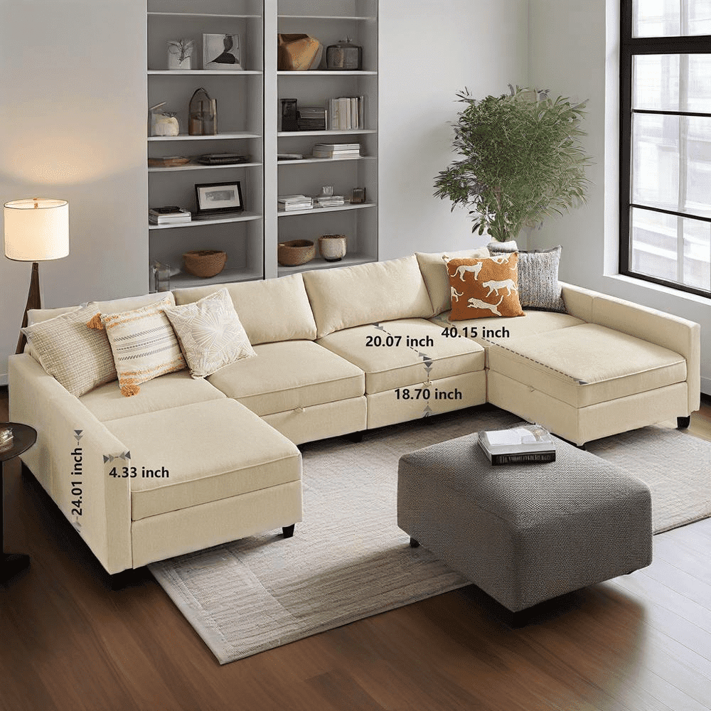 GIANNA 6 Seat Convertible Sectional Sofa Couch, U-Shaped Modern Modular Sofa Sleeper with Ottoman, For Living Room, Beige