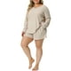 thumbnail image 4 of Conjunto de pijama de dos piezas de waffle de talla grande para mujeres, con blusas de manga larga y pantalones cortos, color beige, talla 1X, 4 of 6