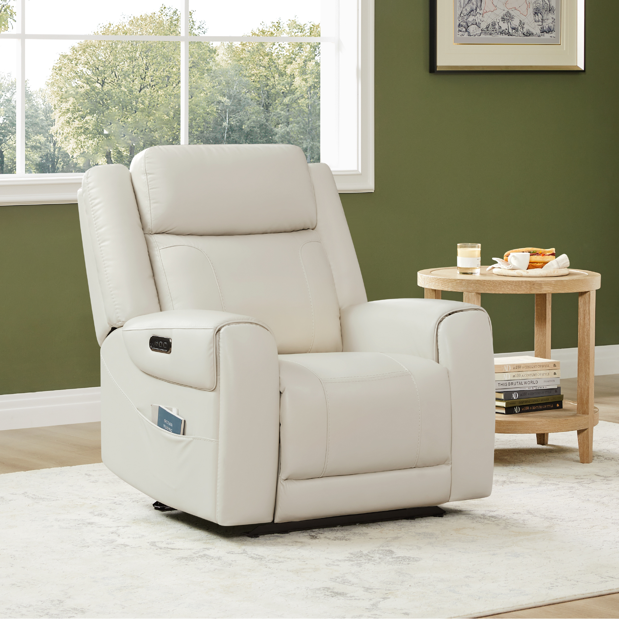 Spruce & Spring Wall Hugger Genuine Leather Power Recliner with Headrest, Cream
