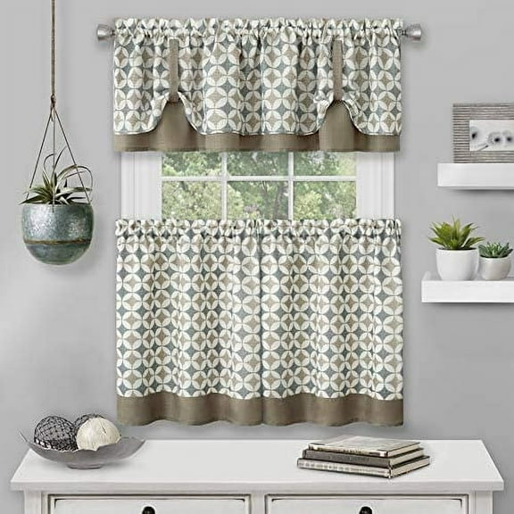 Callie Tier Pair and Valance Set - 58 x 24/52 x 14 - Taupe/Silver