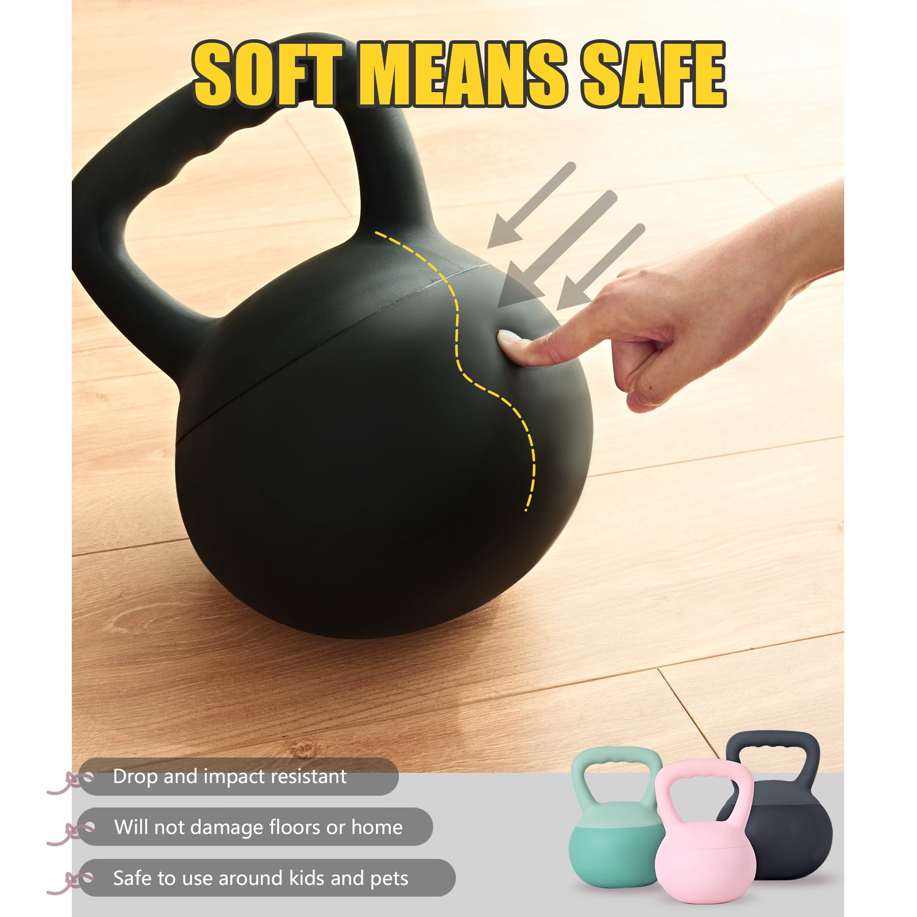 SogesPower Soft Kettlebells,Iron Sand Filled Weights Strength Training Kettlebells,Shock-Proof Weights and Wide-Grip Handle,Fitness Soft Kettlebells for Women Men,Home Gym Kettlebells,Black,10LBS