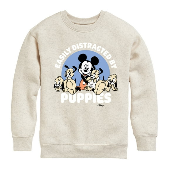 Disney - Mickey Mouse - Easily Distracted by Puppies - Youth Crewneck Fleece Sweatshirt