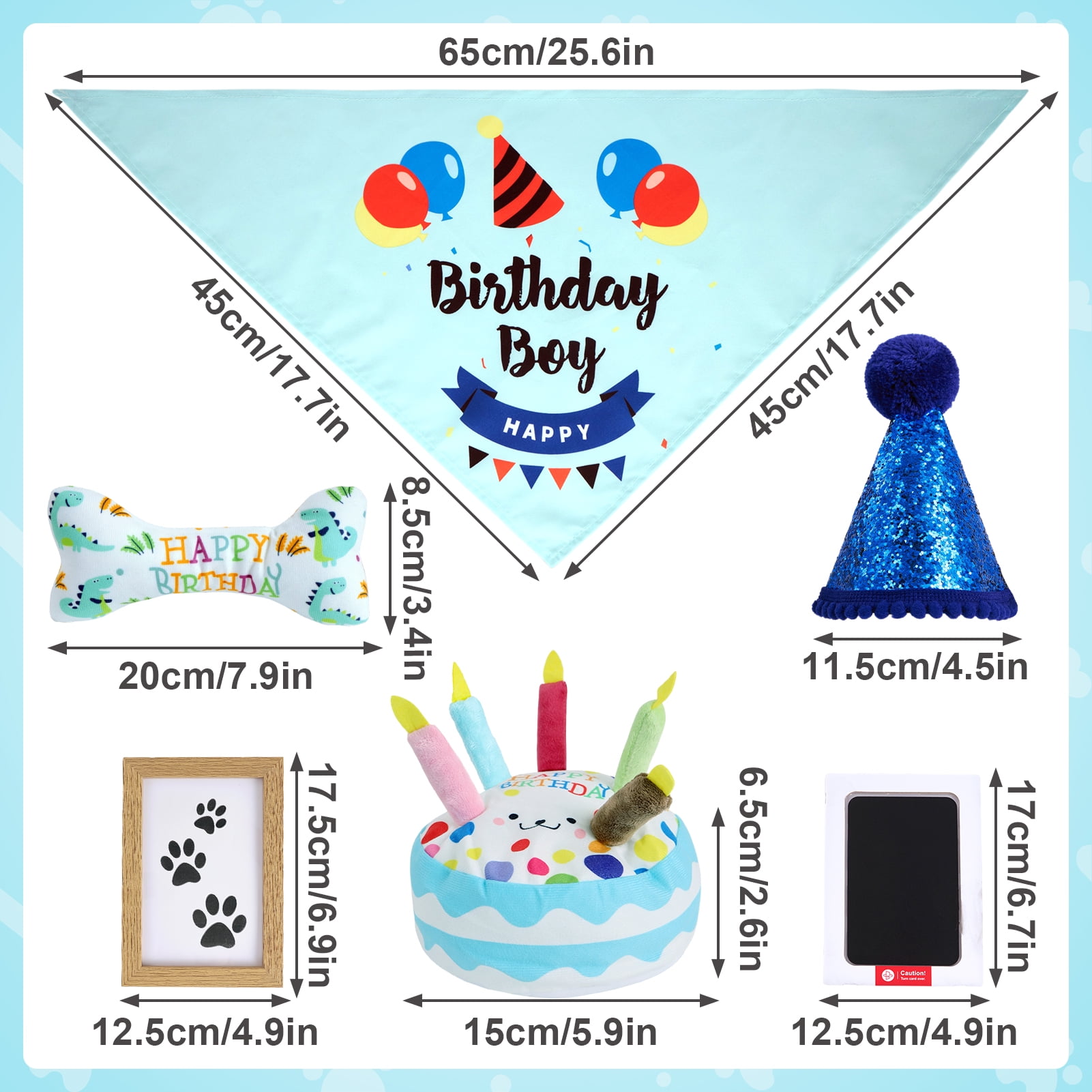 Easy Joy Dog Birthday Toy Set & Decorations for Dogs, Includes Squeaky Cake Toy, Plush Bones, Birthday Hats, Bandana, Paw Print Kit & Photo Frame. Dog Birthday Gift Supplies, Blue