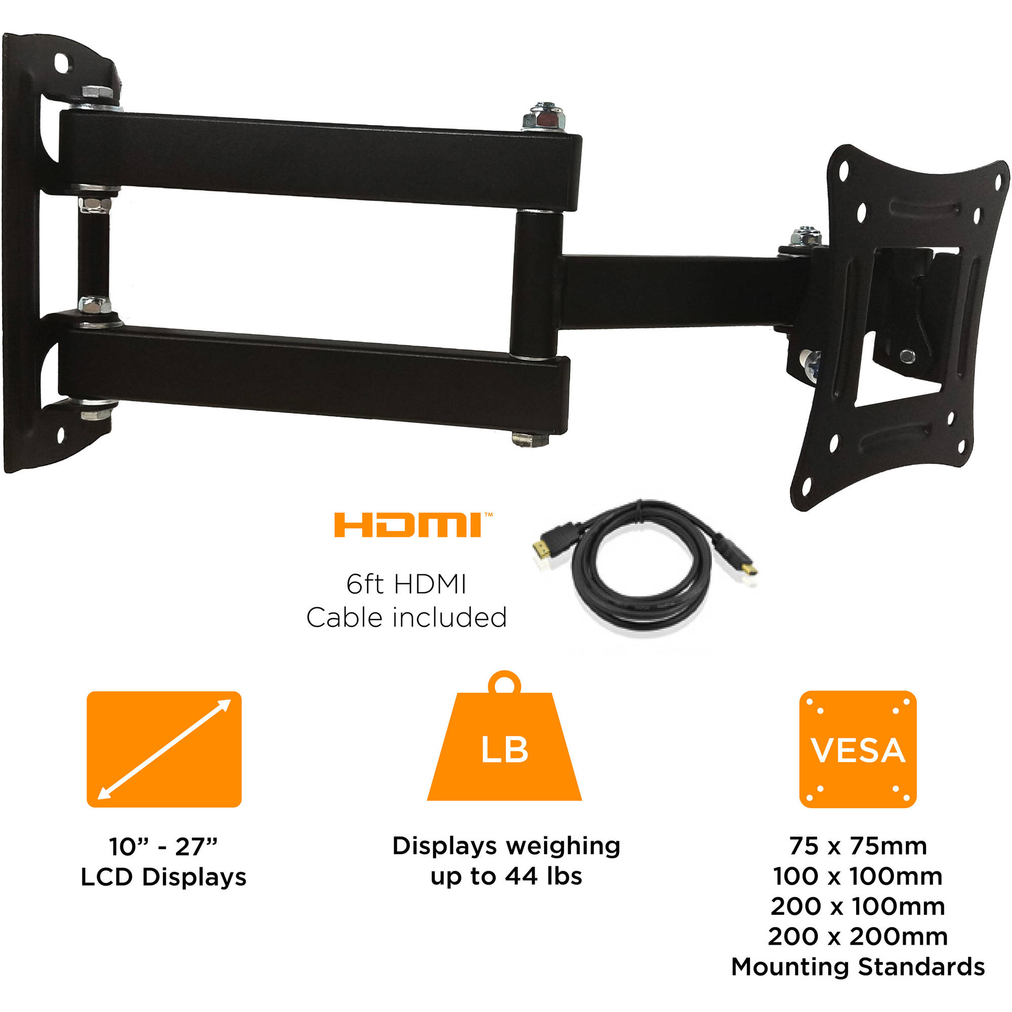 Ematic TV Wall Mount Kit for 10"-27" TVs up to 44 Pounds with HDMI Cable EMW2301 - image 2 of 6