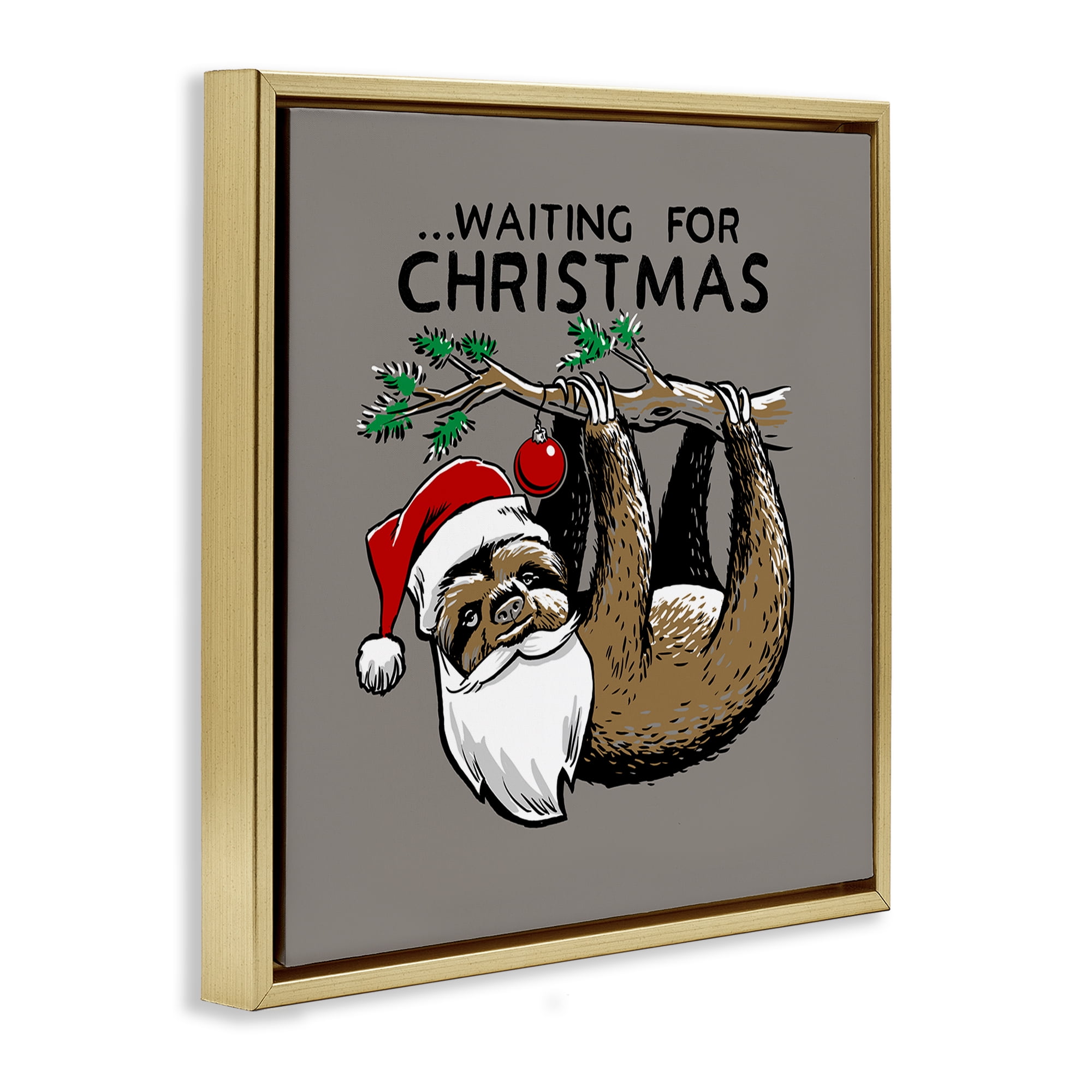 Stupell Industries Santa Christmas Sloth Holiday Painting Gold Floater Framed Canvas Art Prints Wall Art, 18 x 18