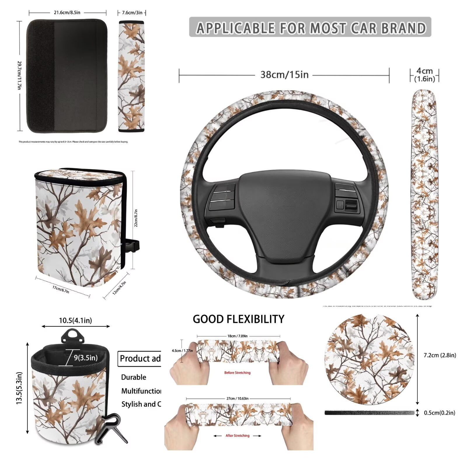 Uorisanigo Camo Hunting Forest Set of 15 Car Seat Covers Full Set with Steering Wheel Cover Seat Belt Pad Car Trash Car Hanging Air Vent Storage Box Rearview Mirror Cover Cup Coasters Keychain Decor