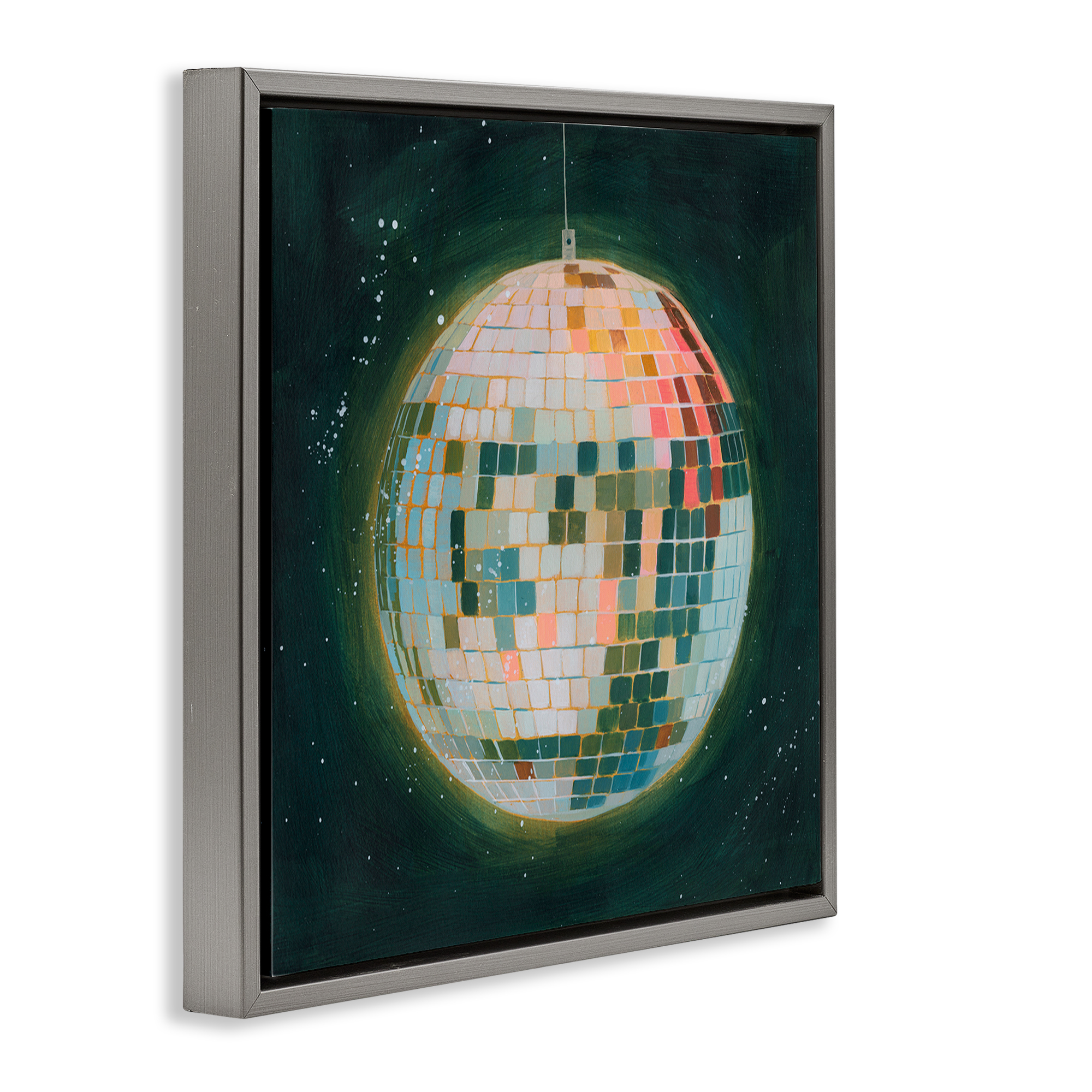 Stupell Industries Disco Ball in Space Entertainment Painting Gray Floater Framed Canvas Art Print Wall Art, 18 x 18