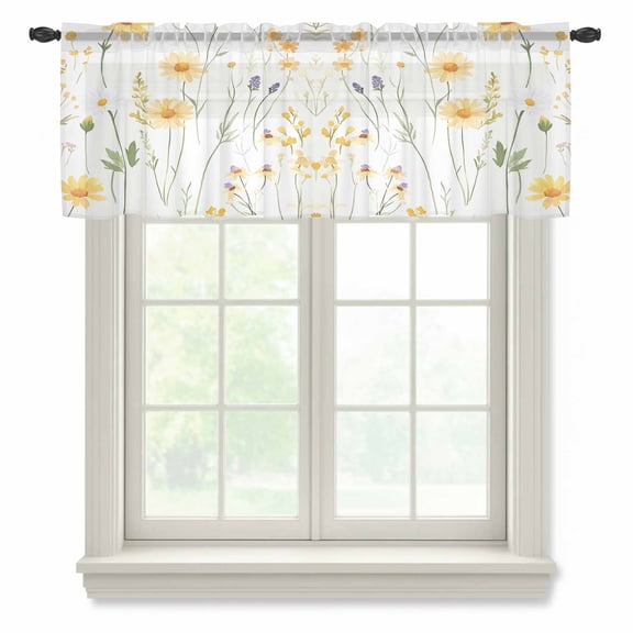 Yellow Daisy Floral Valance Curtains for Kitchen/Living Room/Bathroom/Bedroom Window, Rod Pocket Small Topper Half Short Window Curtains Voile Sheer Scarf, Spring Rustic Botanical Flowers 42"x18"