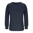 thumbnail image 6 of Trendy Tops for Women with Buttons Ribbed Knit Sweater Hollow-Out Lace Raglan Long Sleeve Crewneck Plain Pullover (M, Navy), 6 of 6