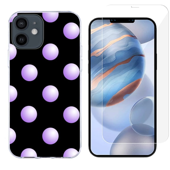 Slim-Fit Protective Phone Case compatible with iPhone 12 Mini, with Tempered Glass Screen Protector, by OneToughShield ® - Polka Dot / Purple