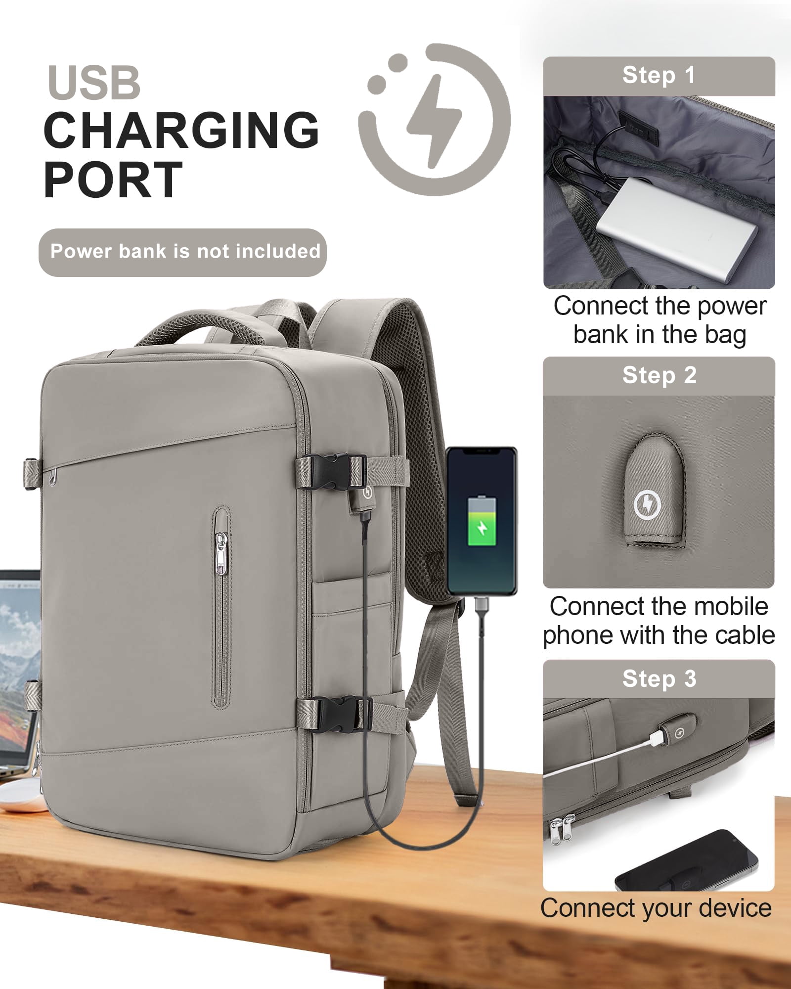DAKIMOE Large Travel Backpack for Adults Carry on Laptop Backpack Flight Approved Waterproof College Bag with USB Charging Port & Shoe Pouch Casual Daypack for Women Men for Weekender Business, Gray
