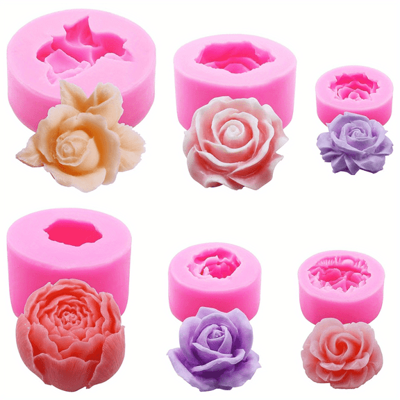 6 Pcs Flower Silicone Molds Set, Bloom 3D Rose Flower Fondant Silicone Molds for Soap Candle Chocolate CandyMaking