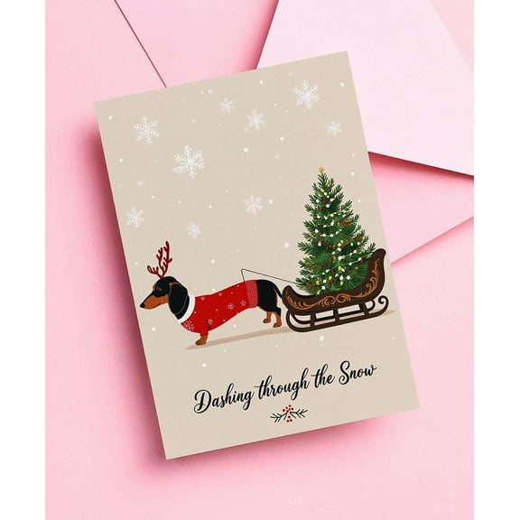 Dashing Through the Snow Holiday Card – Adorable Dachshund with Christmas Tree Design – Blank Inside for Personal Messages – Perfect for Winter Greetings & Seasonal Wishes