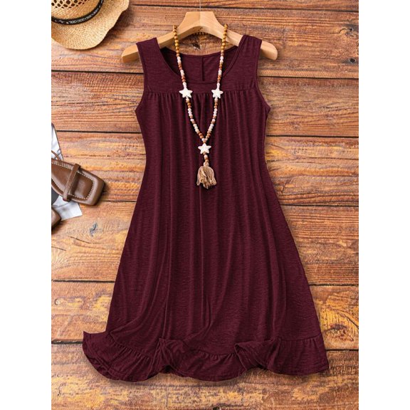 Burgundy Plus Size Solid Round Neck Sleeveless Ruffle Hem Summer Dress