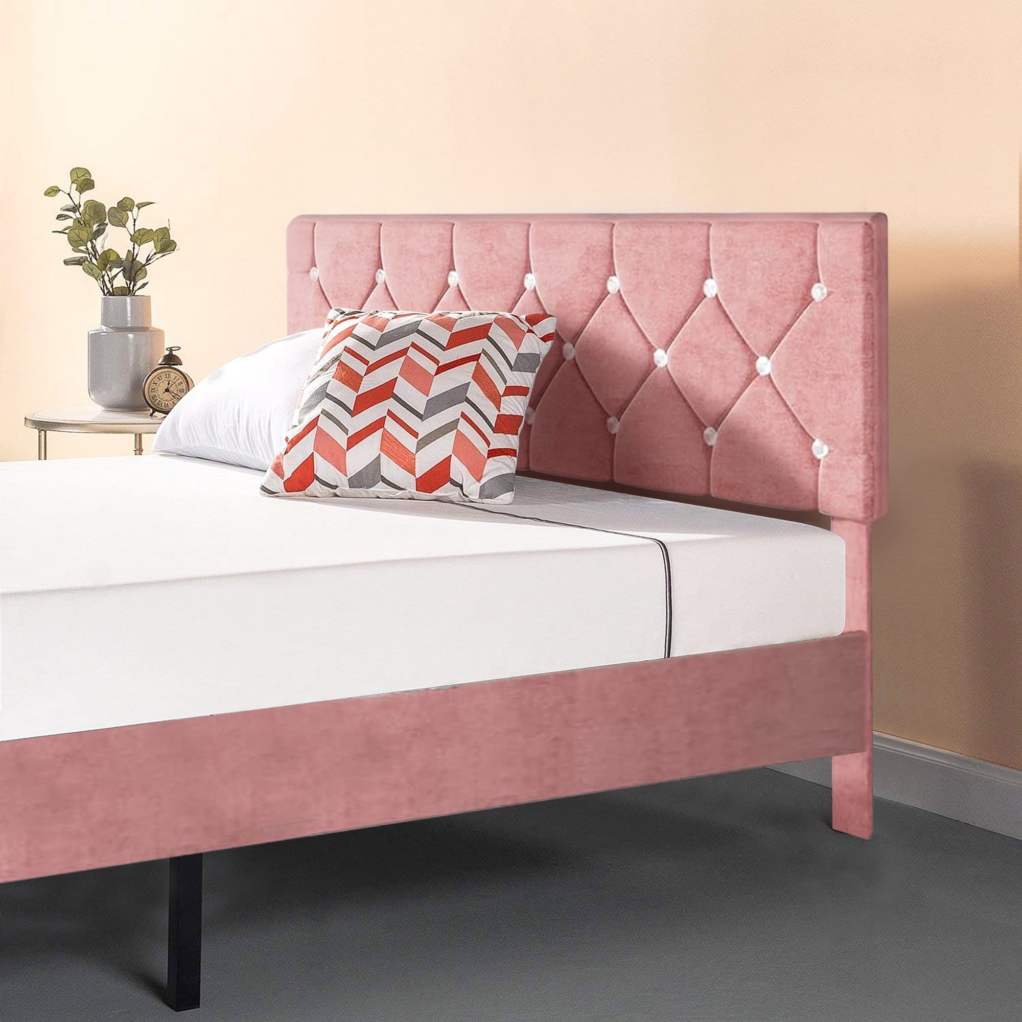 VECELO Full Size Platform Bed Frame, Modern Upholstered Bed Frame with Diamond Tufted Headboard, No Box Spring Needed, Easy Assembly, Pink