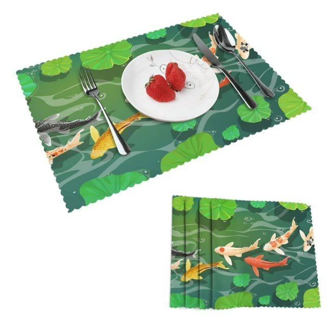 DouZhe Polyester Set de 4 Sets de Table, Fleurs Exotiques Koi Poisson Motif Résistant à la Chaleur Place Mats pour Table à Manger, 12 "x 18"