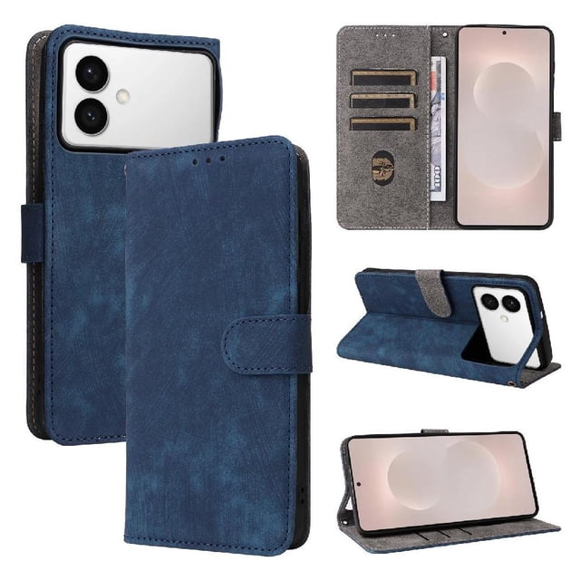 Phone Wallet Case for Samsung Galaxy S26 Edge with Stand - Leather Folio Cover & Card Slots Blue