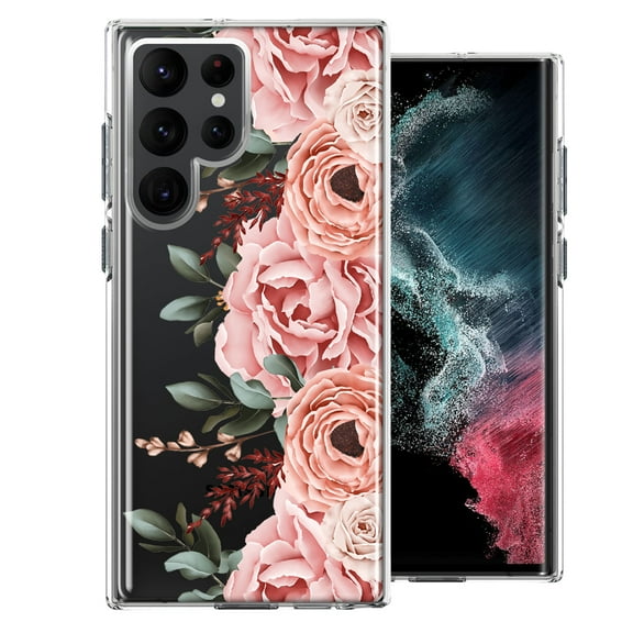 MUNDAZE Case For Samsung Galaxy S22 Ultra Blush Pink Peach Spring Flowers Peony Rose Phone Cover