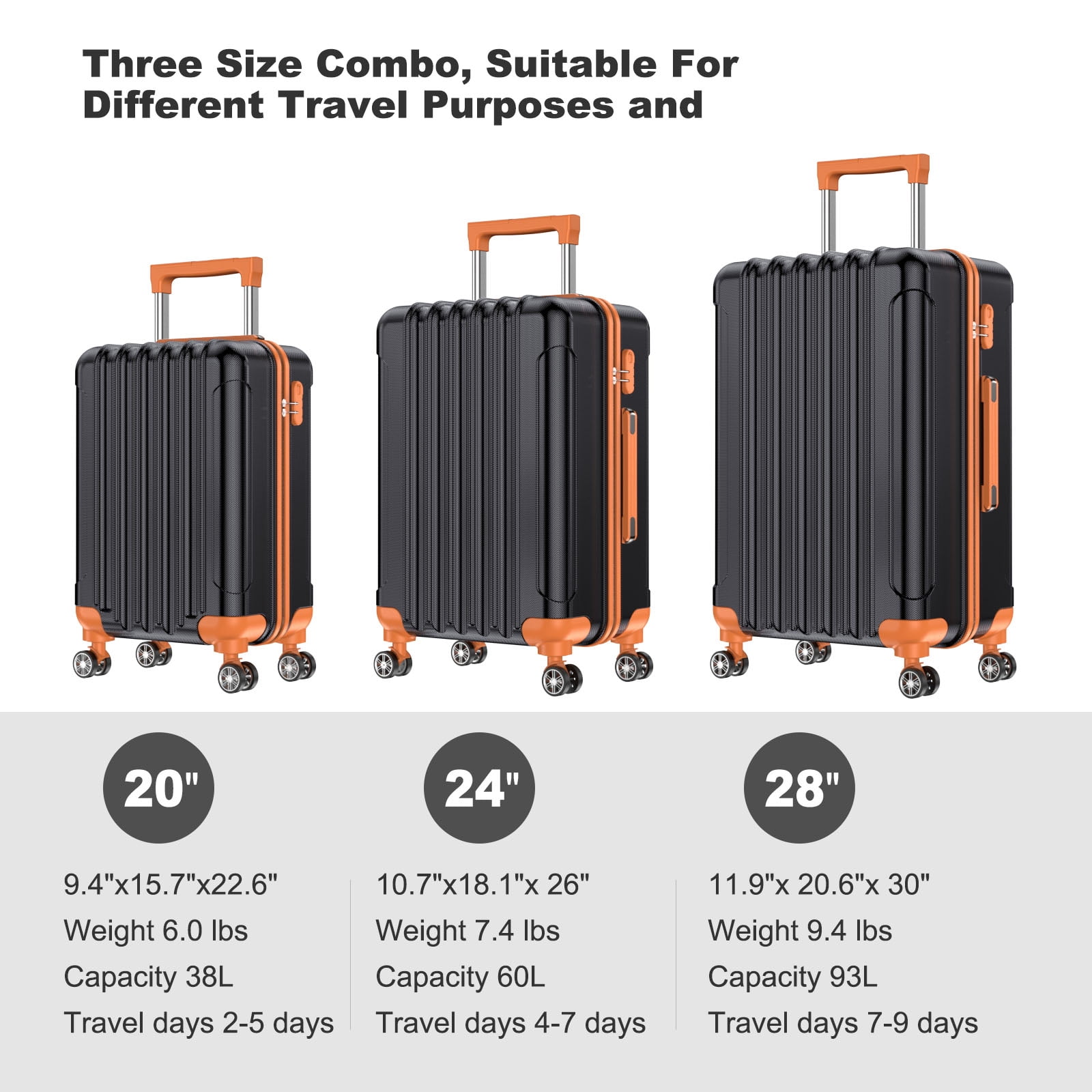 Nazhura Hard Shell Luggage Set, 3-Piece Hardside Suitcase Set, 20-inch, 22-inch, 28-inch Luggage, Carry on Luggage Set, Travel Luggage Set, Large Suitcase with Wheels, ABS Hardside (Black/Orange)