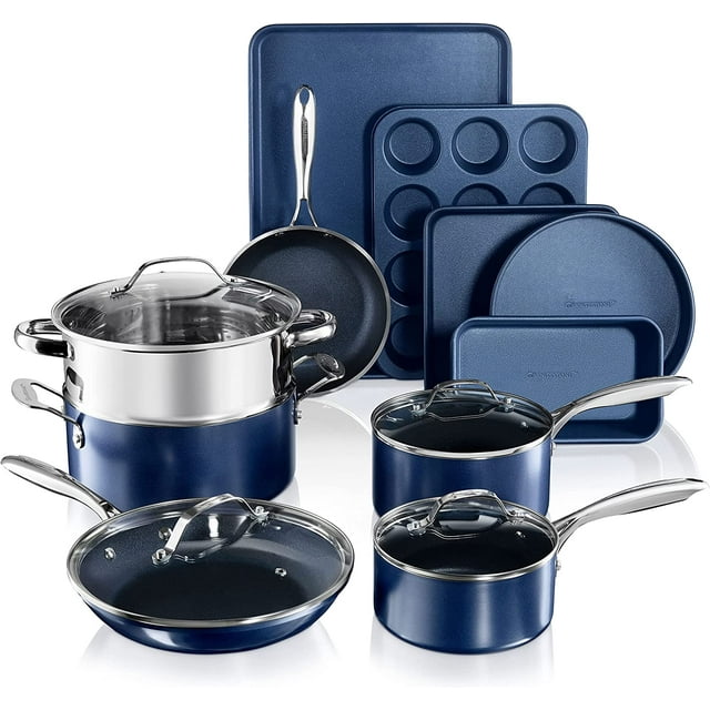 Granitestone Ensemble de Casseroles et Poêles Antiadhésives Bleues, Ensemble de 15 Pcs